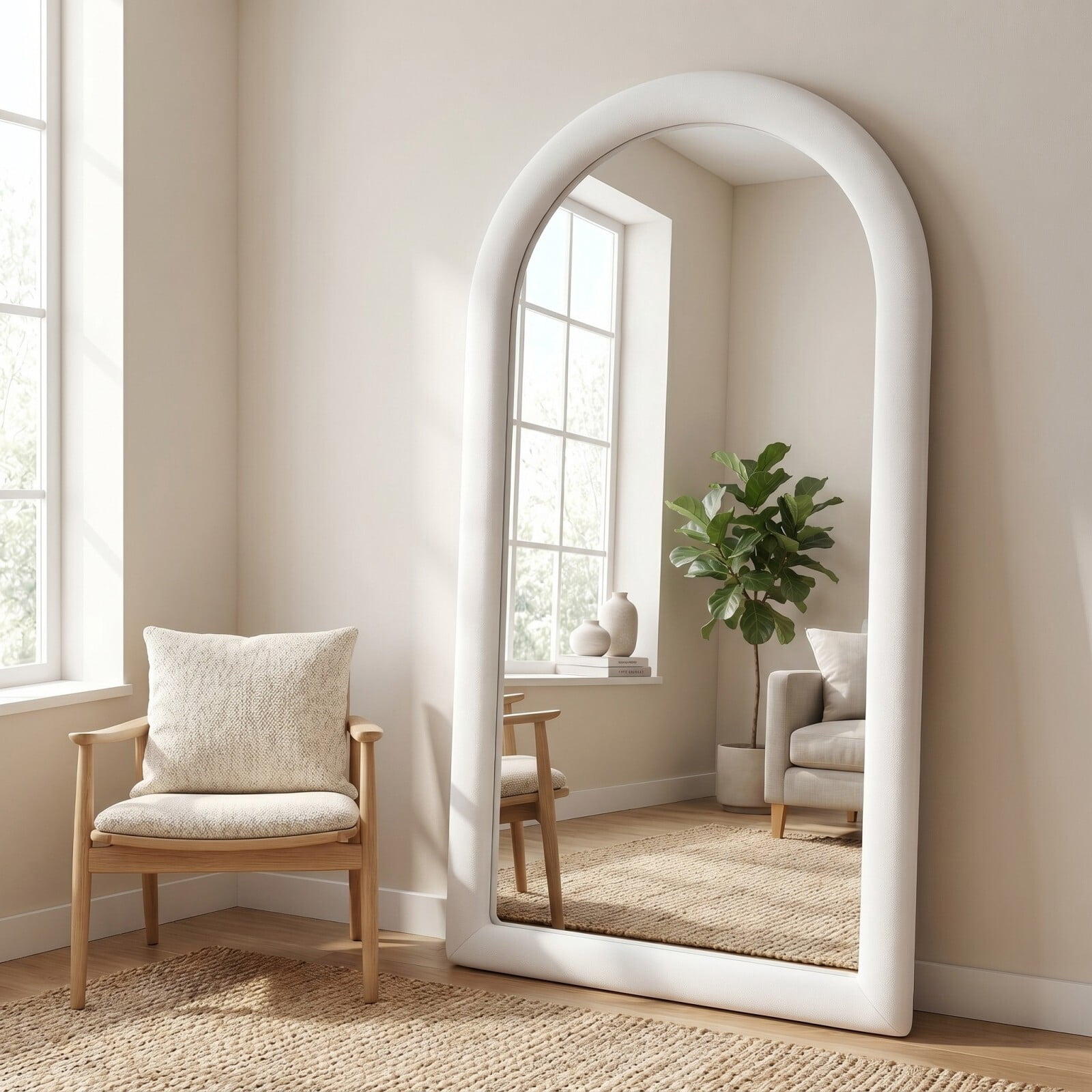 Gleamira 71"x32" Full Length Mirror Frame Arched Floor Mirror Flannel Wrapped Wooden Frame Hanging Leaning Mirror, White