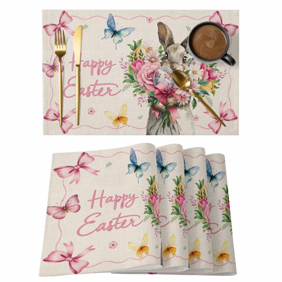 Easter Bunny Placemats Set of 8, Cute Rabbits Spring Daisy Flowers Retro Beige Placemats for Dining Table, Place Mats for Kitchen Tabletop, Waterproof Wipeable Dining Table Mats Set