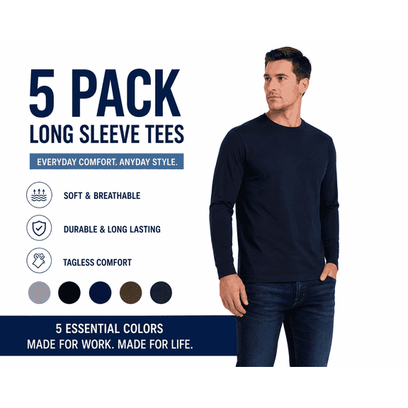 Men’s Plain Long Sleeve Crewneck Shirts, Assorted Colors, Size Small, Pack of 5