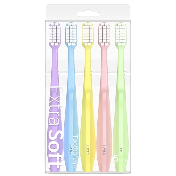 Suree Extra Soft Toothbrush for Sensitive Teeth and Receding Gums, 10,000 Micro Nano Bristles, Ultra Soft Toothbrush for Adults and Elderly (5 Pack, Blue, Yellow, Pink, Green, Purple)