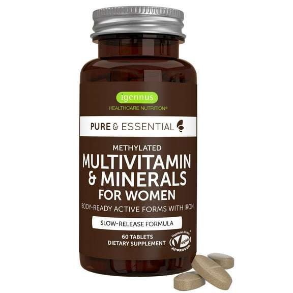 Igennus Methylated Women's Multivitamin, Methylated Folate for MTHFR, 21 Highly Bioavailable Nutrients, Clean Label & Sustained Release, with Iron, Non-GMO, Halal, 60 Vegan Tablets