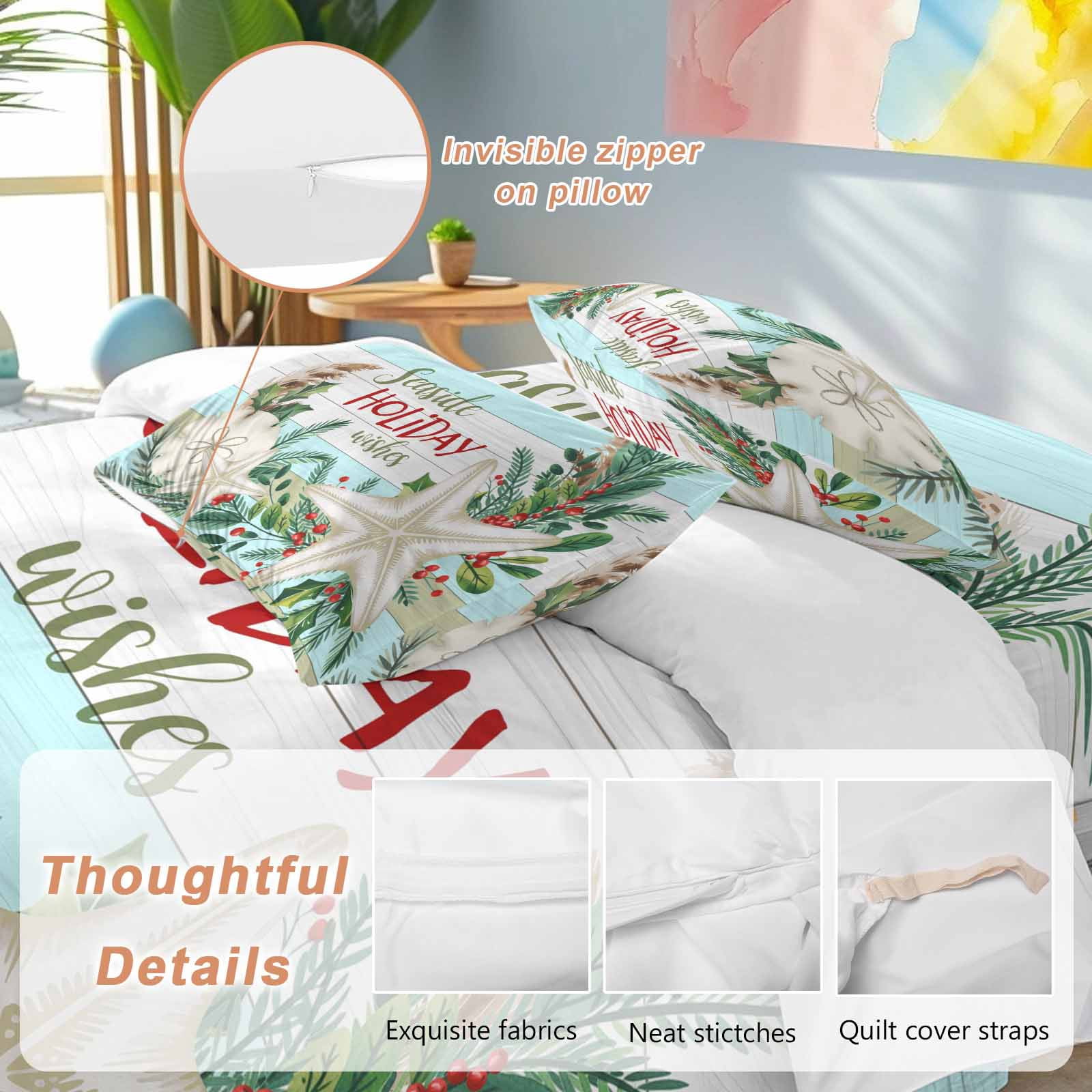 Seaside Holiday Wishes Bedding Duvet Cover Set King Size 4 Pieces Christmas Starfish Holly Wooden Grain Bedding Set with Zipper Closure, 1 Comforter Cover 92x106 Inches 1 Flat Sheet & 2 Pillow Cases