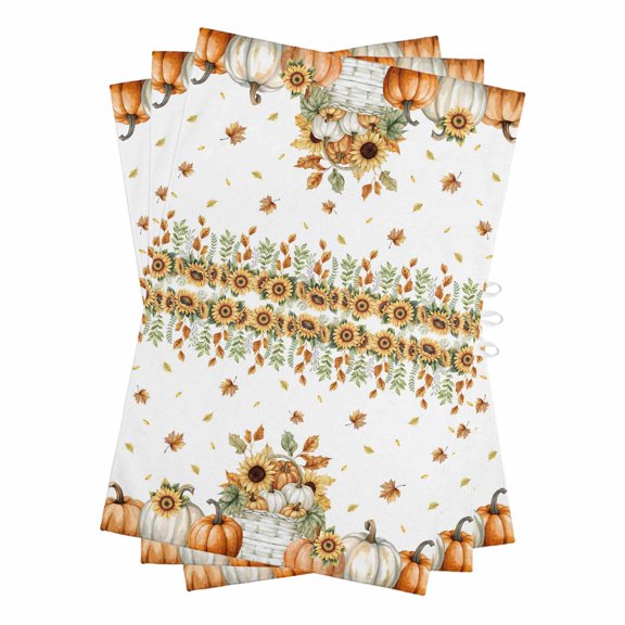 Orange Pumpkins Fall Kitchen Towels Set of 3, Water Absorbent Dish Towel, Sunflower Thanksgiving Botanical Pastoral Decorative Hand Towels - Quick Drying Cloth for Cooking Baking, 18x28 Inch
