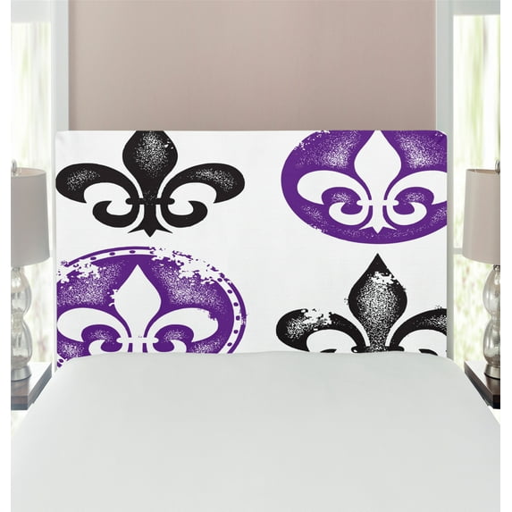 Fleur De Lis Headboard, Arrangement of Fleur De Lis Designs Silhouettes Vintage Spiral Art, Upholstered Decorative Metal Bed Headboard with Memory Foam, Twin Size, Black Purple, by Ambesonne