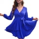 thumbnail image 2 of Vestido Corto de Mujer, Larga, Escote en V Profundo, Cintura con Lazo y Volantes, Estilo . Azul M, 2 of 8
