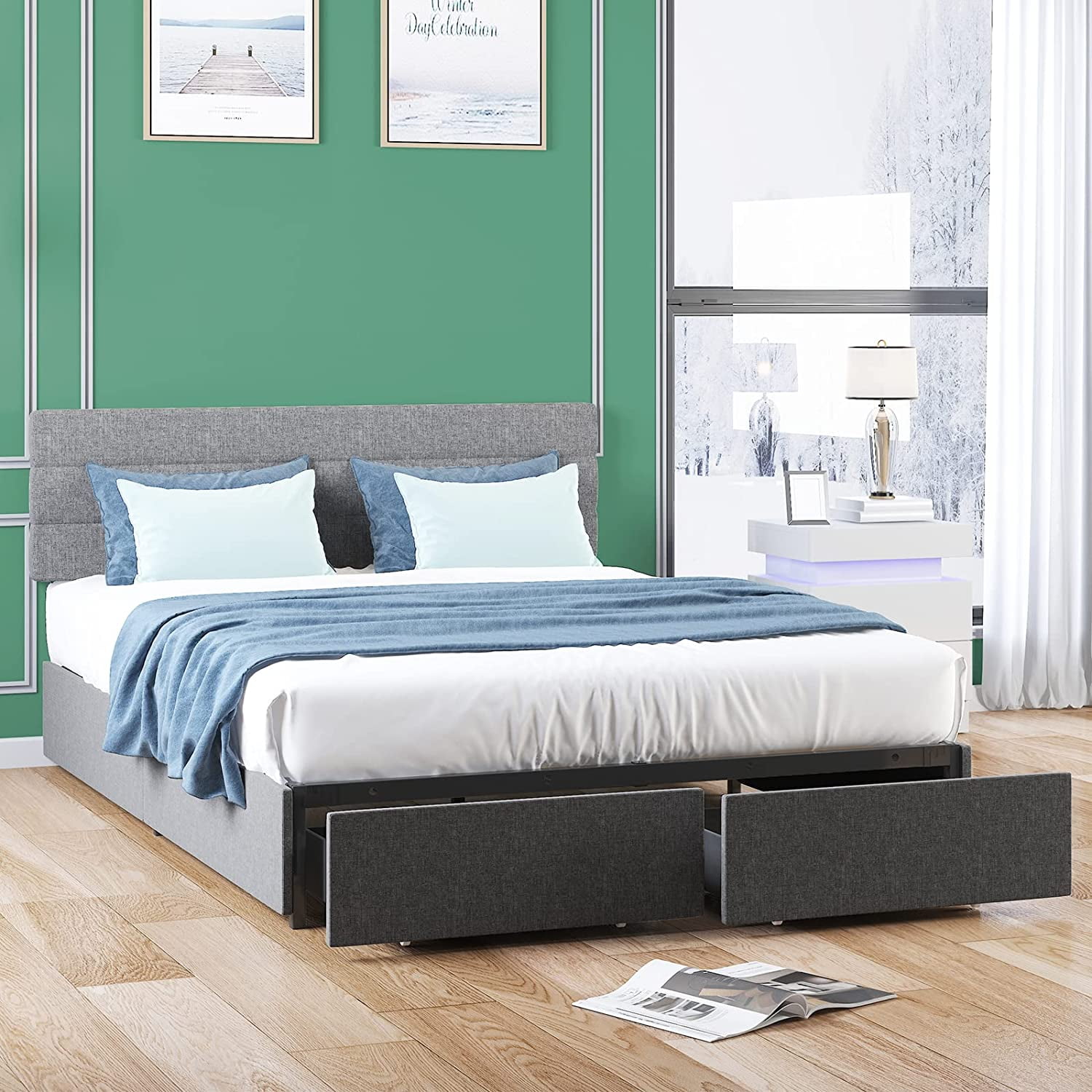 MUZZ King Size Platform Bed Frame with Two Large Storage Drawers, Bed
