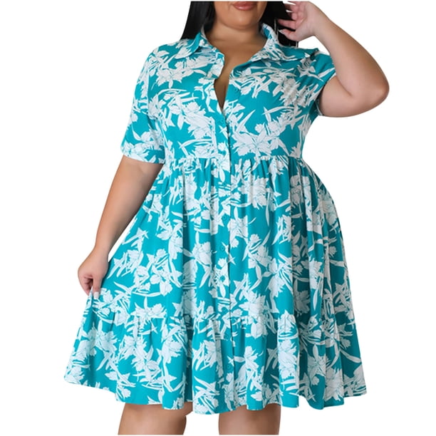 Puntoco Vestido De Manga Corta Con Cuello En V, Vestido Bohemio Informal De Talla Grande Con Cuello En V, Liso Y Estampado, De Manga Corta, Vestido Con Vuelo, Azul Cielo Xxxxl