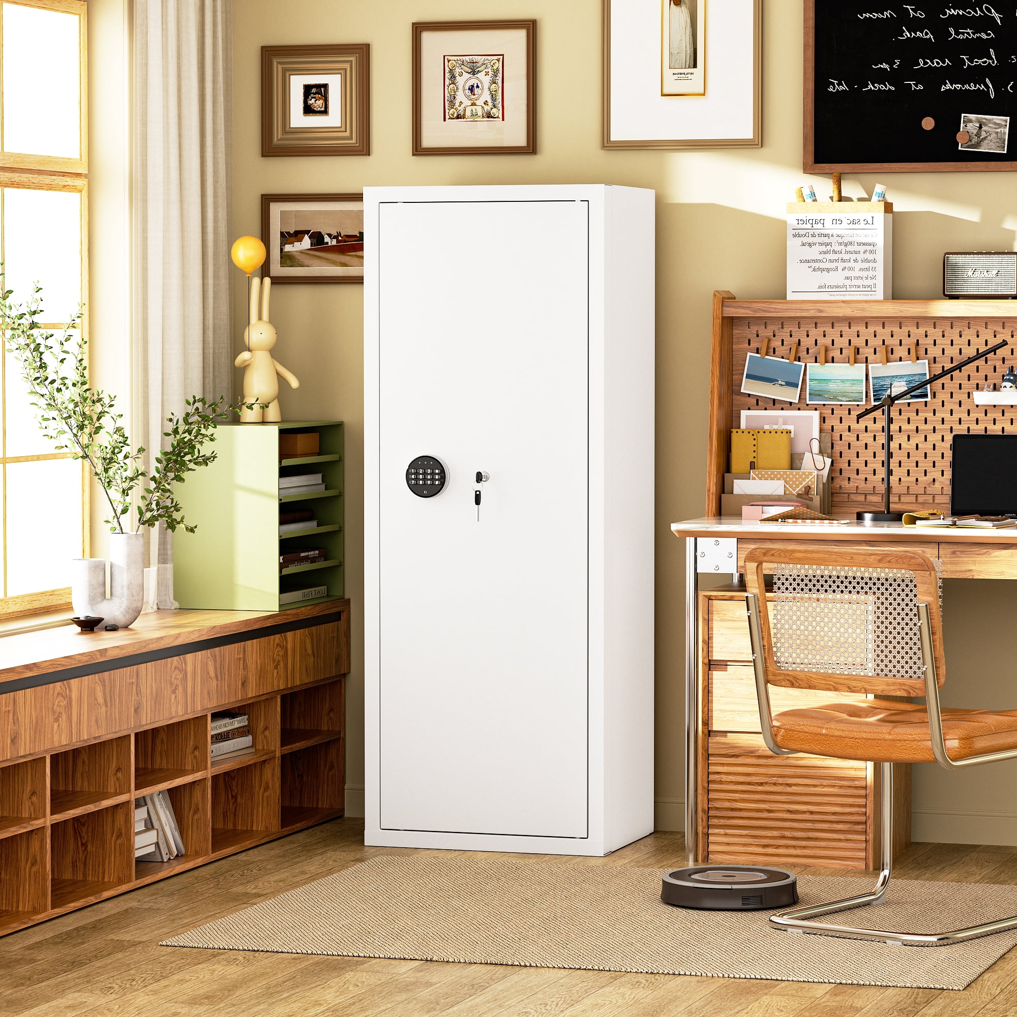 SUNCROWN 12-15 Gun Safe for Rifles and Pistols,Quick Access Rifle Gun Safe with Keyboard Lock, Gun Cabinets for Rifles and Shotguns with Pocket and Rifle Rack for Home（White）