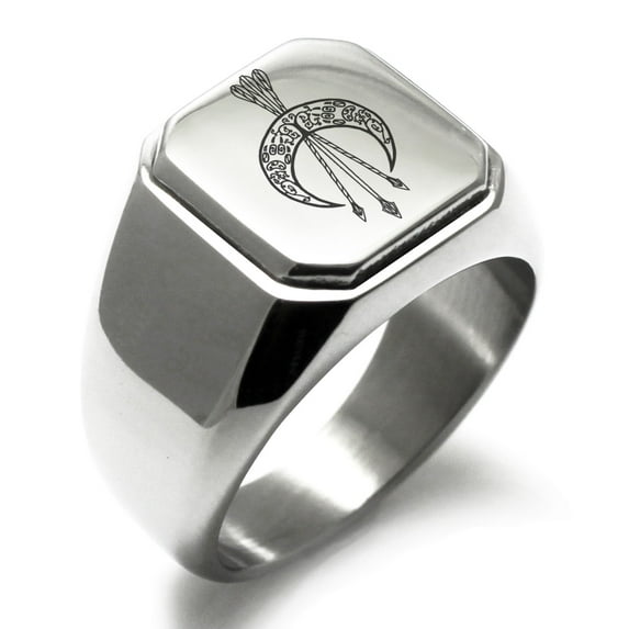 Stainless Steel Artemis Greek Goddess of Moon Engraved Square Flat Top Biker Style Polished Signet Ring