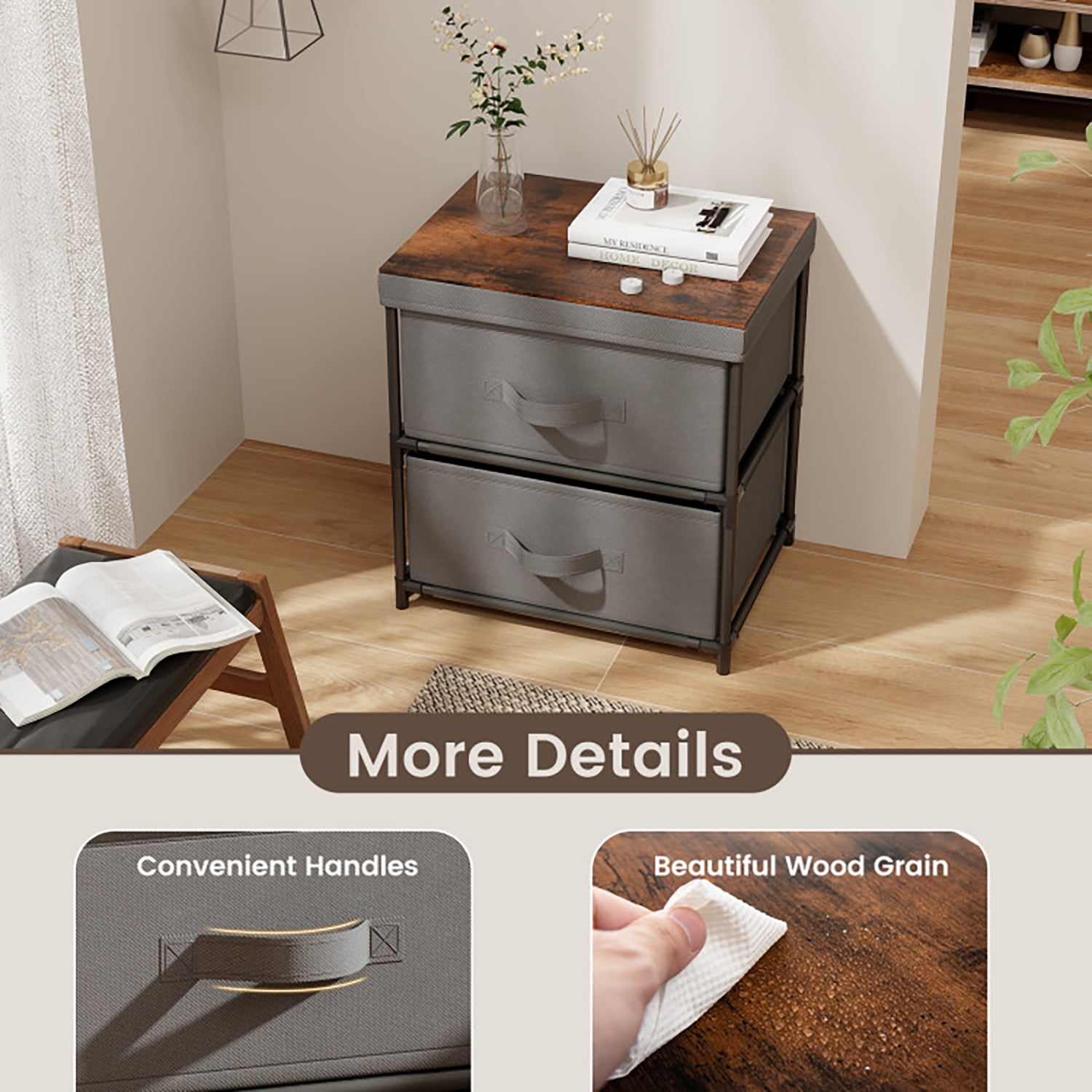 Kadyn Nightstand with 2 Drawers, Bedside Table Small Dresser with Removable Fabric Bins for Bedroom ,Gray
