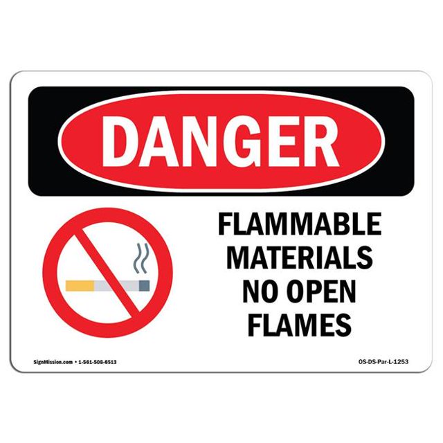 SignMission OS-DS-A-1218-L-1253 12 x 18 in. OSHA Danger Sign - Flammable Materials No Open Flames