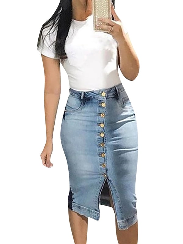 front button denim skirt