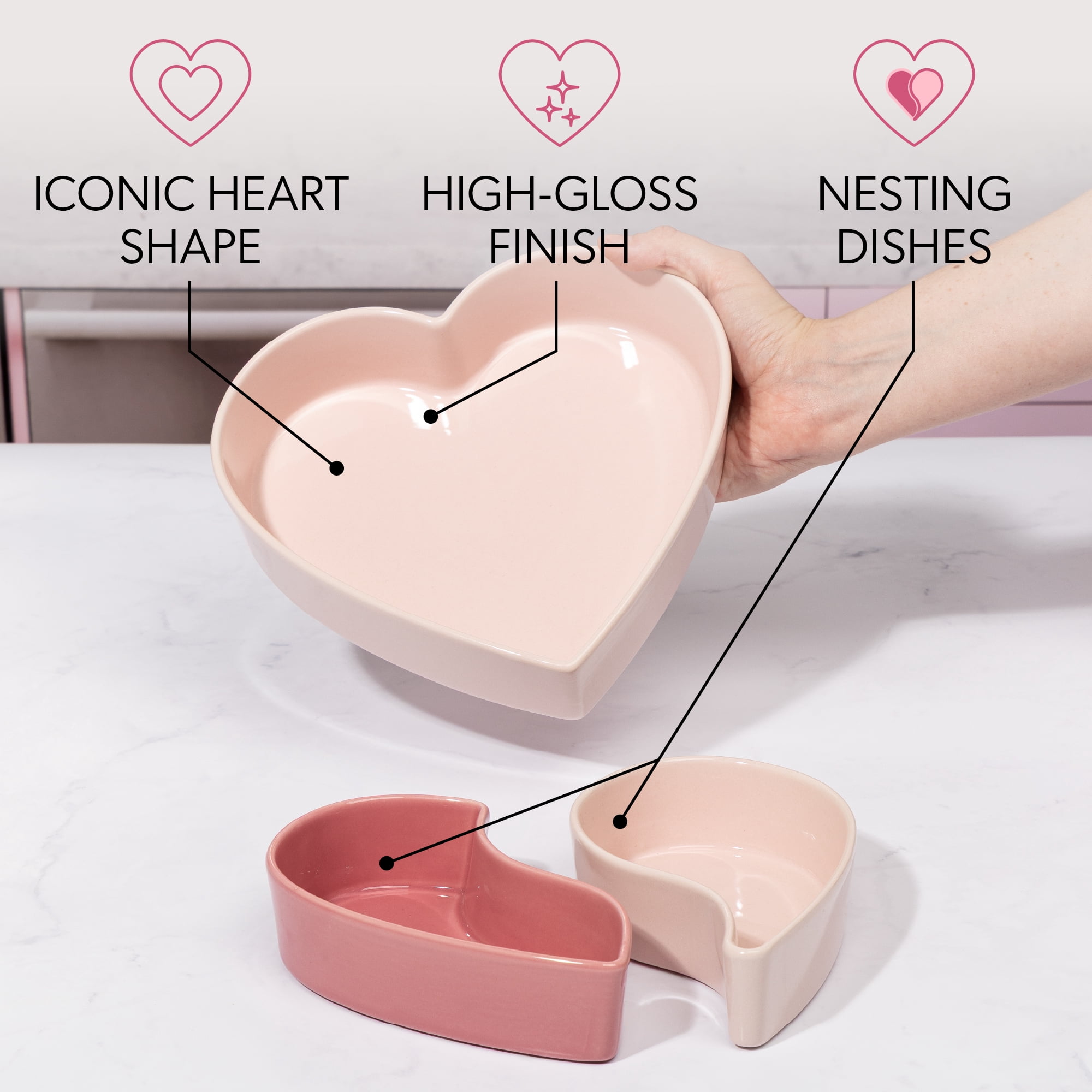 Paris Hilton 3-Piece Stoneware Heart Shaped Serving Dish Set, 5-Cup and 1.5-Cup Dishes, Microwave & Dishwasher Safe, Pink