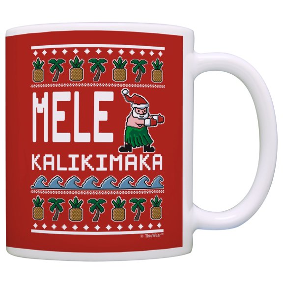 ThisWear Mele Kalikimaka Hawaiian Santa Ugly Christmas Palm Tree Sweater Stocking Stuffer White Elephant 11 ounce Coffee Mug Red