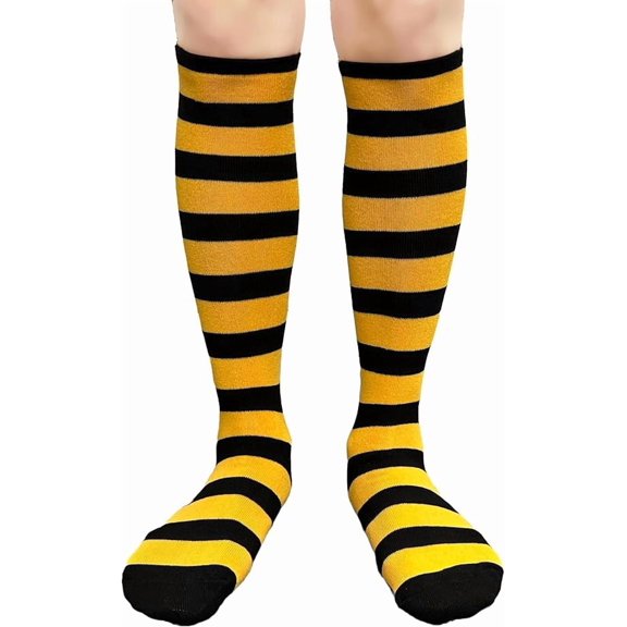 Halloween Costume Knee High Socks Cotton Blend Soft Stretchy Striped Plain Fall Socks, Medium, Black / Yellow, 1 Pair