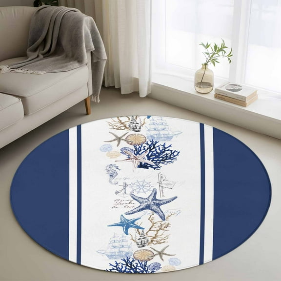 Coastal Navy Round Rug 3ft Washable Circle Entryway Rugs Non Slip Blue Starfish Coral Nautical Striped Area Rug Indoor Floor Carpet for Bedroom Kitchen Living Room Home Office Dining Room Nursery
