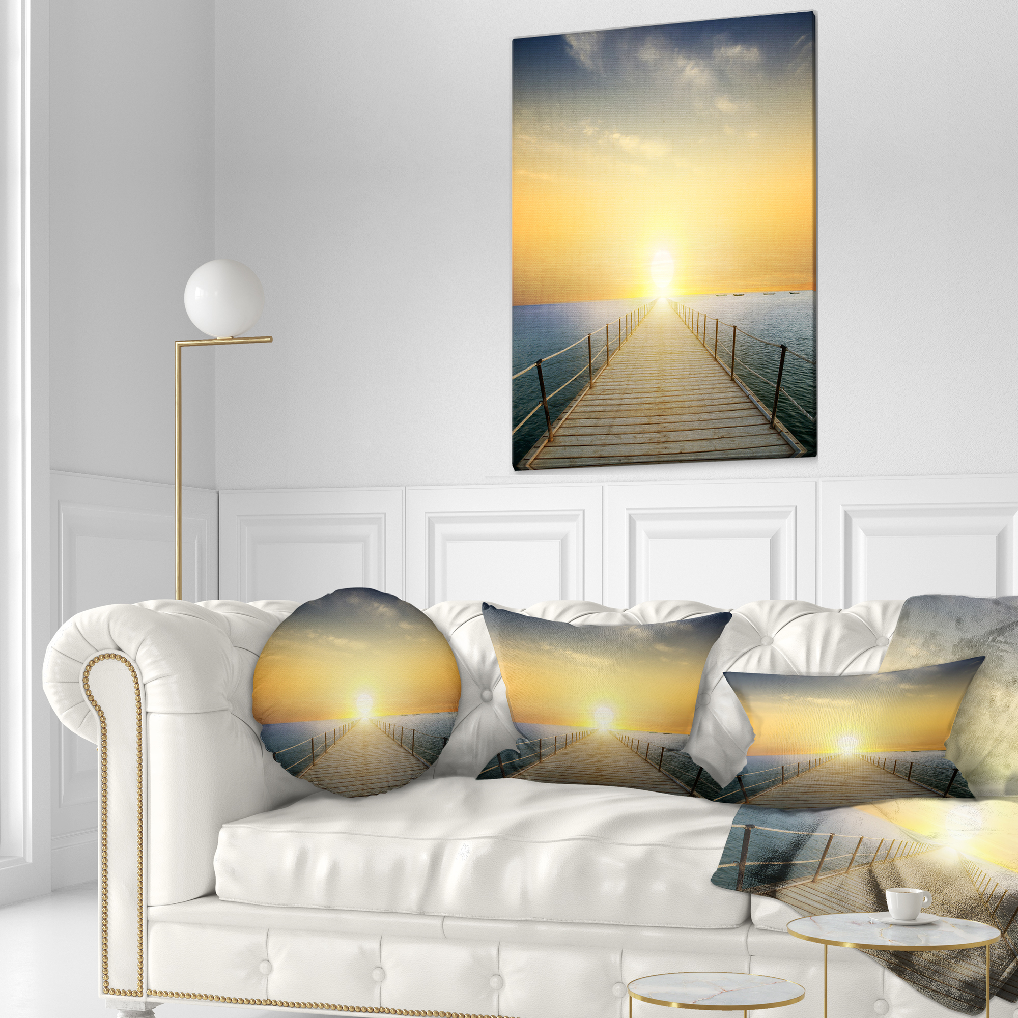 Designart Ocean Sunset with Pier - Seascape Throw Pillow - 12x20