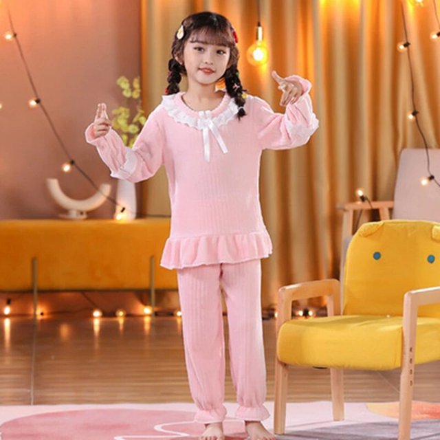 Pijamas de encaje de franela para niños, Conjunto de pijama de Navidad para niñas, ropa de dormir gruesa de princesa, pijamas cálidos de lana Coral