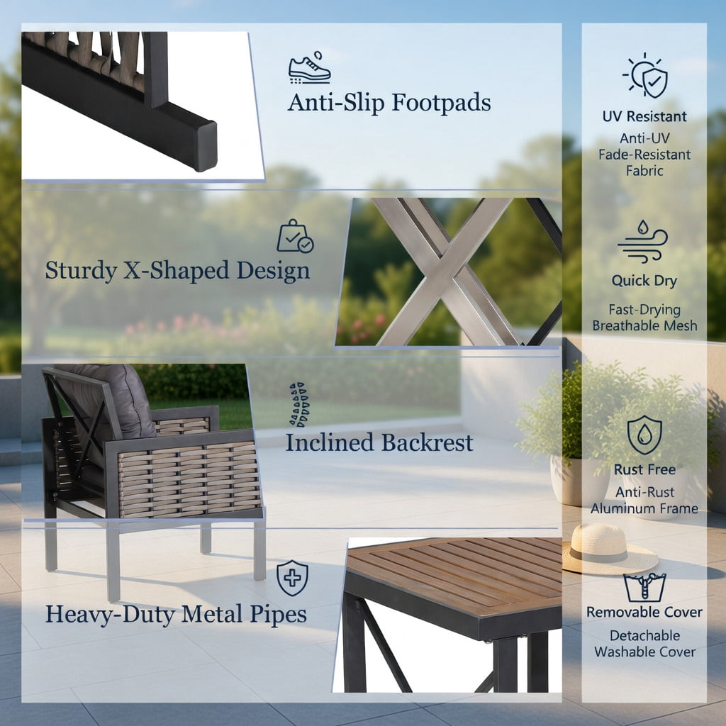 Hommoo 3-Piece Outdoor Rattan Patio Furniture Set – 2 Armchairs + Coffee Table with Acacia Wood Top, Rust-Resistant Black Metal Frame, Gray