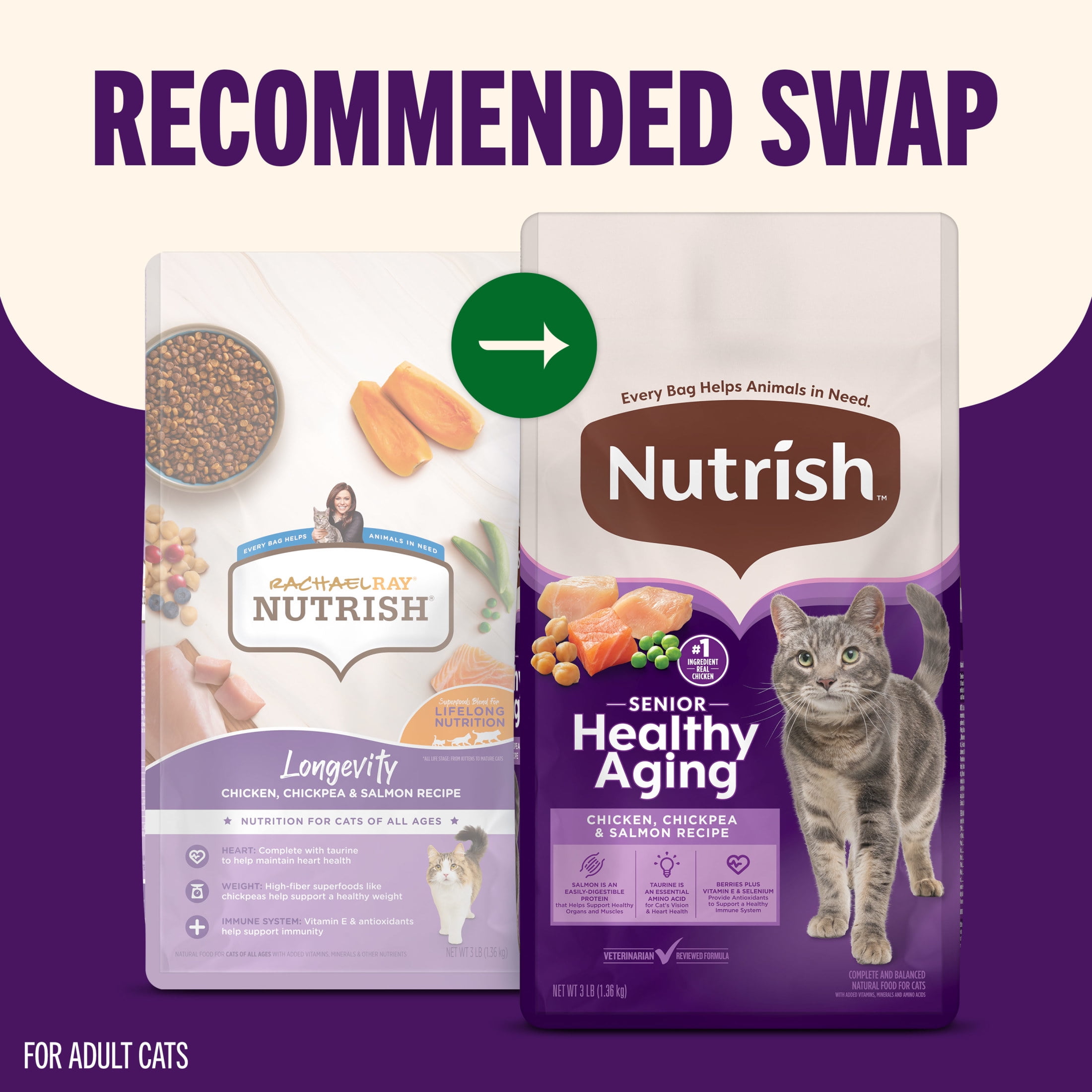 Nutrish Senior Healthy Aging Chicken, Chickpea and Salmon Dry Cat Food, 3 lb. Bag (Rachael Ray)