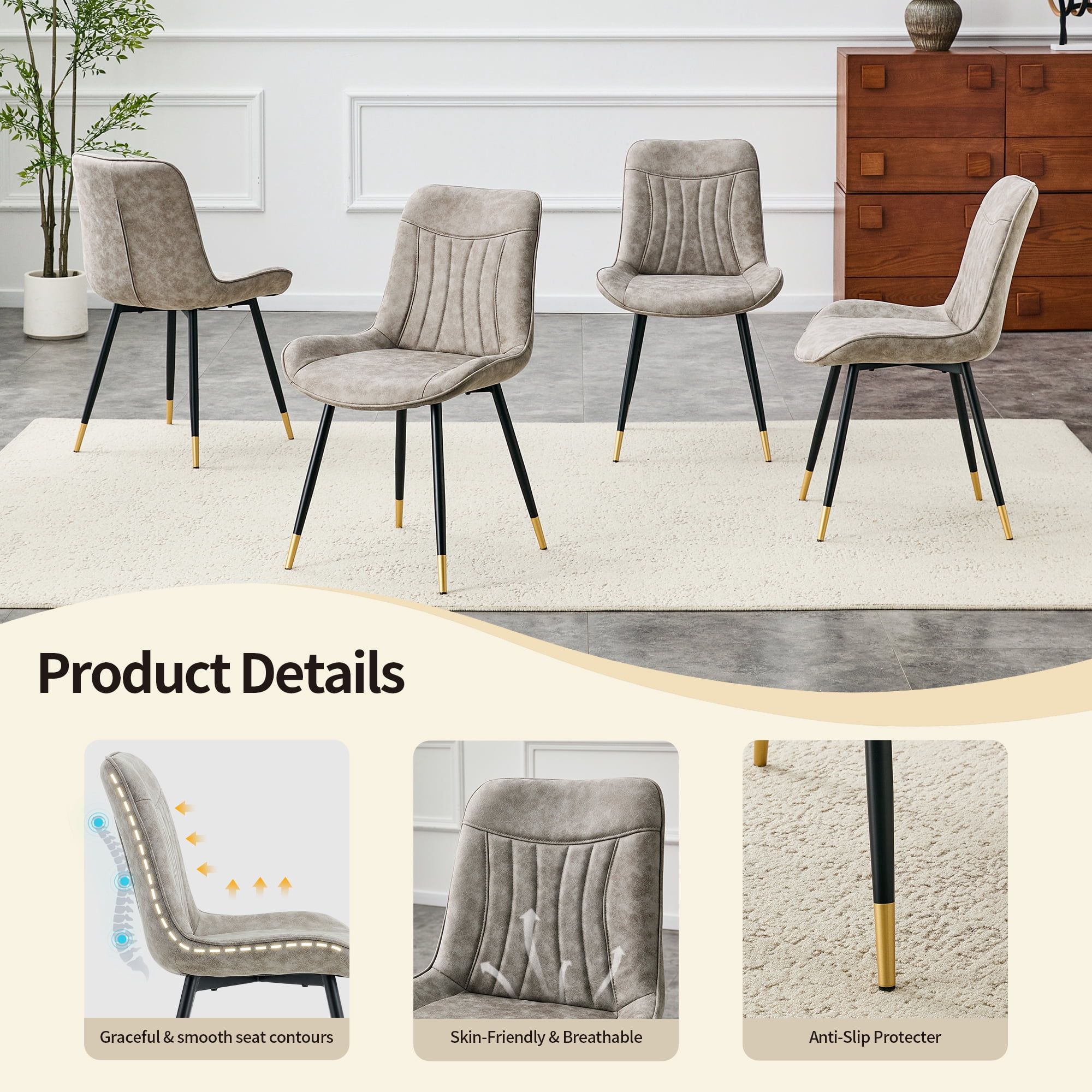 Leumius Dining Chairs Set of 2, Tech Fabric Upholstered Dining Chairs with Semi-Gloss Black Metal Legs, Gold-Trimmed Adjustable Non-Slip Feet, Vertical-Stitched High Back for Dining Room Gray