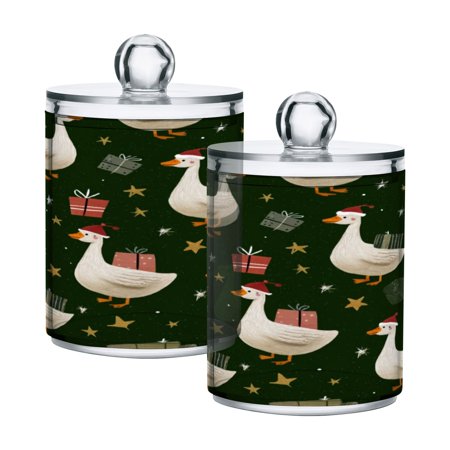 2 PCS Plastic Storage Canister Clear with Lids Airtight Cotton Swabs Cans Bathroom Jar Floss Organizer Cartoon Geese Carrying Presents