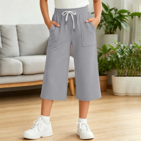 Mooqilaa Girls Capri Pants Size 10-12, Relaxed Fit Elastic Waist Adjustable Waist Casual Kids Capris Gray Size 10