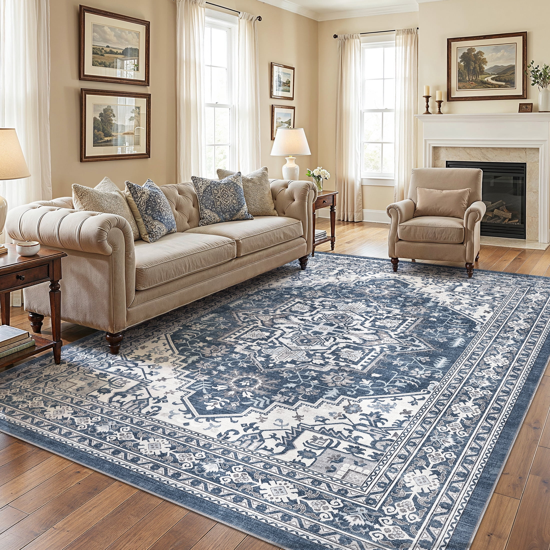 UERMEI 8x10 Washable Area Rugs for Living Room, Modern Vintage Printed Rug, Vacuum-Friendly, Non Slip Indoor Rug for Bedroom Dining Room Home Decor Carpet, Blue