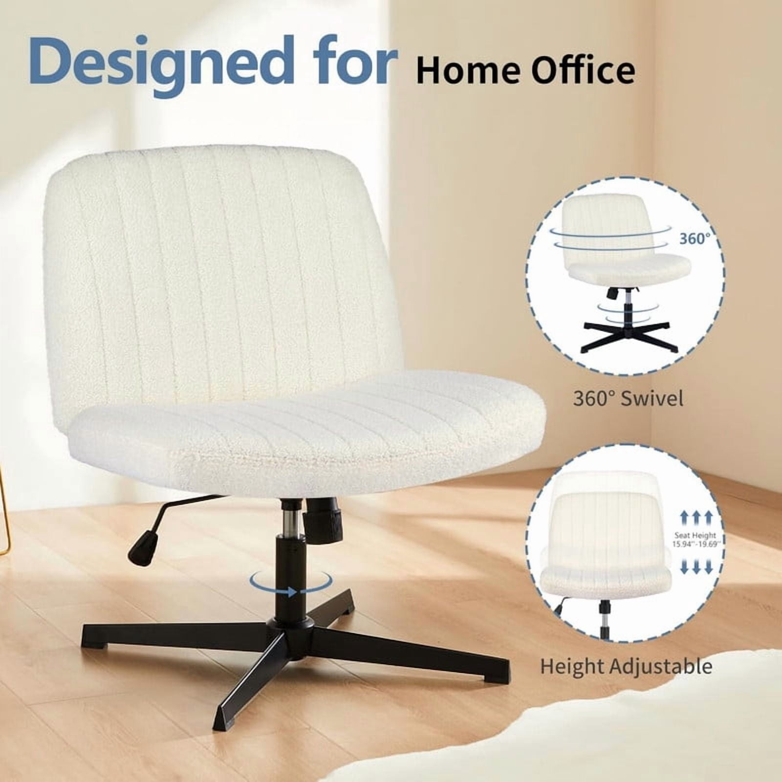 Kelno Teddy Cross Legged Desk Chair Wide Seat Chair Ergonomic Height Adjustable Swivel Office Vanity Chair, Beige