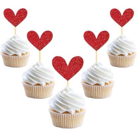 8pcs Glitter Red Heart Cupcake Toppers for Valentine's Day Decorations, Mixed Size Heart Valentine's Day Cupcake Toppers for Wedding Bridal Shower Party Decorations (Red)