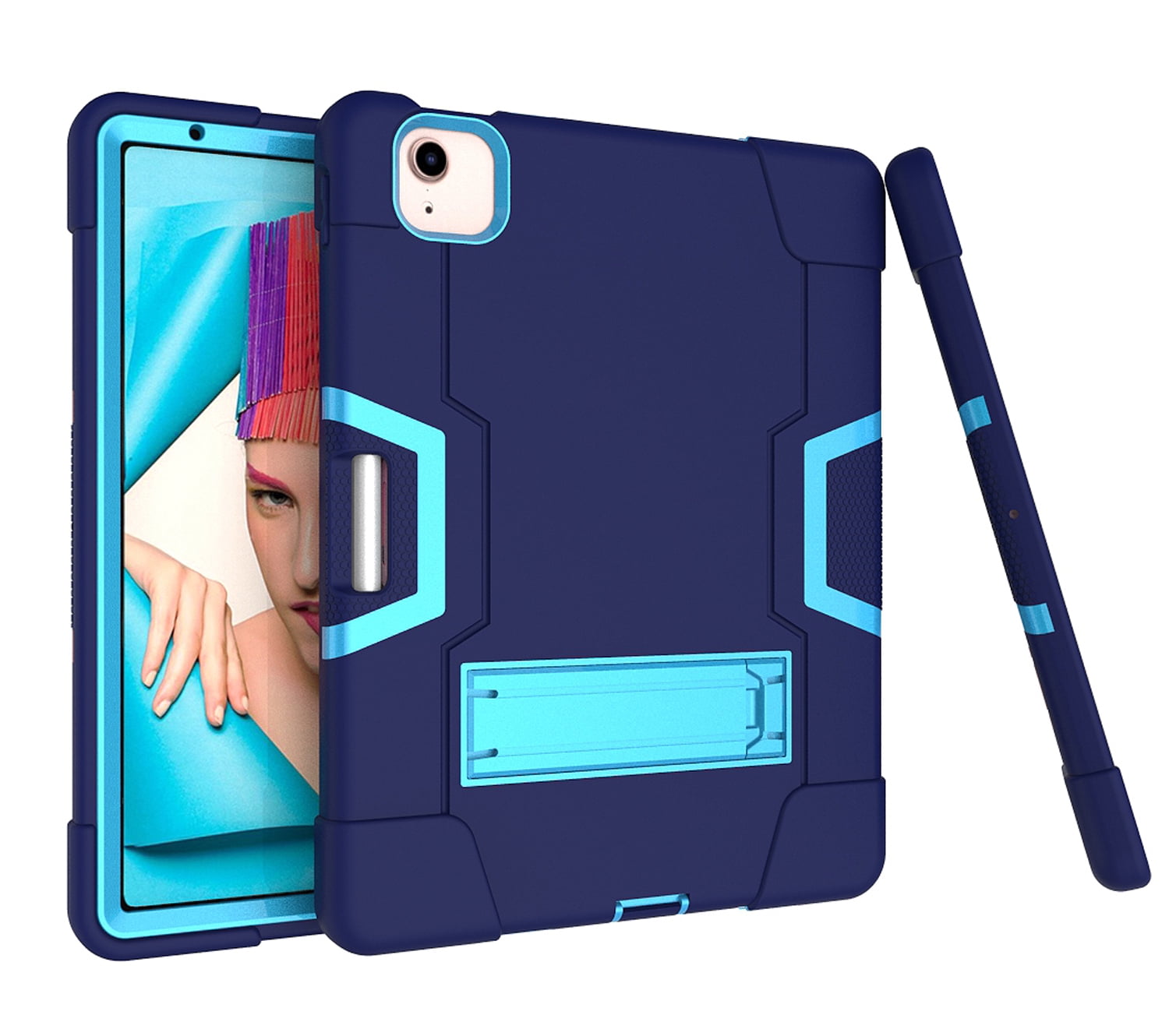 Allytech iPad Air 5 Case 2022, iPad Air 4 Case 2020, Heavy Duty Protection Shockproof Build In Kickstand Pencil Holder Kids Friendly Case for Apple iPad Air 5th 4th Generation, BlackNavyblue/Blue