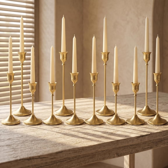 TLL 12-Piece Gold Candle Holders Set, Vintage Metal Taper Candle Stands, 3 Heights, for Wedding Dining Table Centerpiece Home Decor