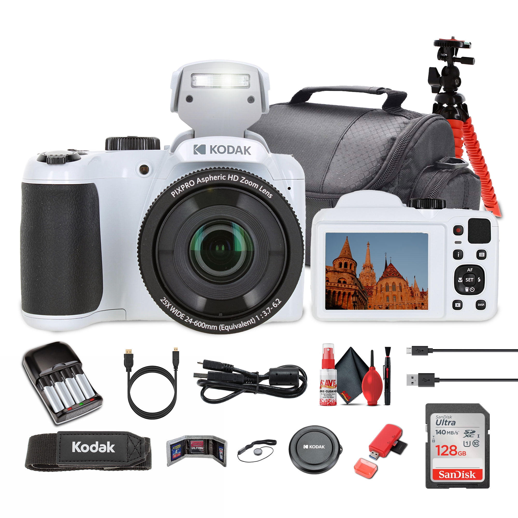 Kodak Pixpro AZ255 Digital Camera White (AZ255WH) Bundle with Accessories