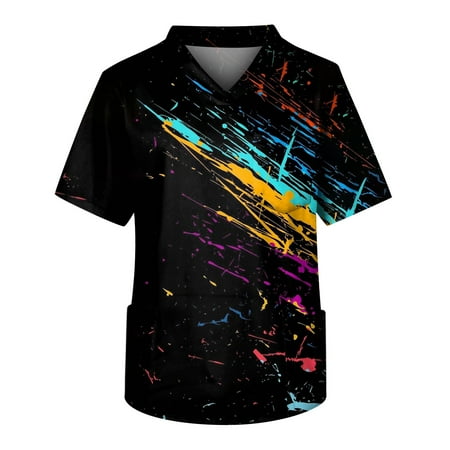 

Gifts for Men! YOHOME Plus Size Ha11o-ween Printed Scrub Working Uniform Tops for Mens Cross V-Neck Short Sleeve Fun T-Shirts Workwear Tee with Pockets Black L