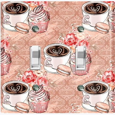 Metal Light Switch Wall Plate Outlet Cover (Coffee Mocha Espresso Heart Cupcake Macaron Flower Bouquet Damask Pink - Double Toggle)