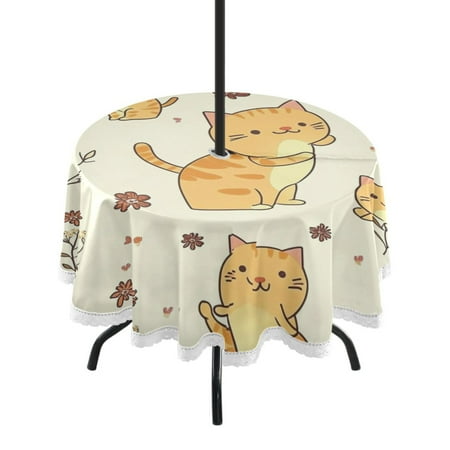 

60 Outdoor Round Tablecloth with Umbrella Hole & White Lace Trim Waterproof Patio Table Cover for Garden Kitchen Dining Lively Orange Cat