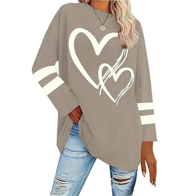 Soki Women's Plus Size Heart Graphic Tee Colorblock Round Neck Long Sleeve Tee Shirt Tops