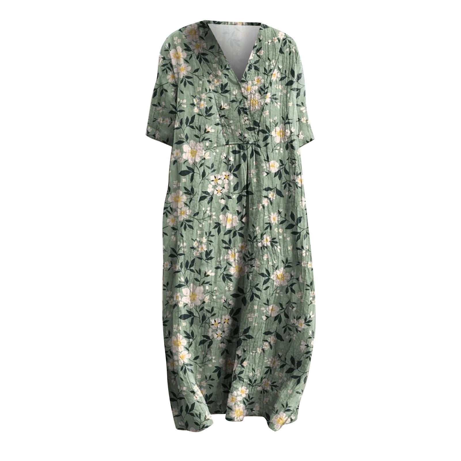 XVJRHAK Women's Vintage Floral Art Print Casual Flowing Dress With Pockets V Neck Dress (Mint Green,S)