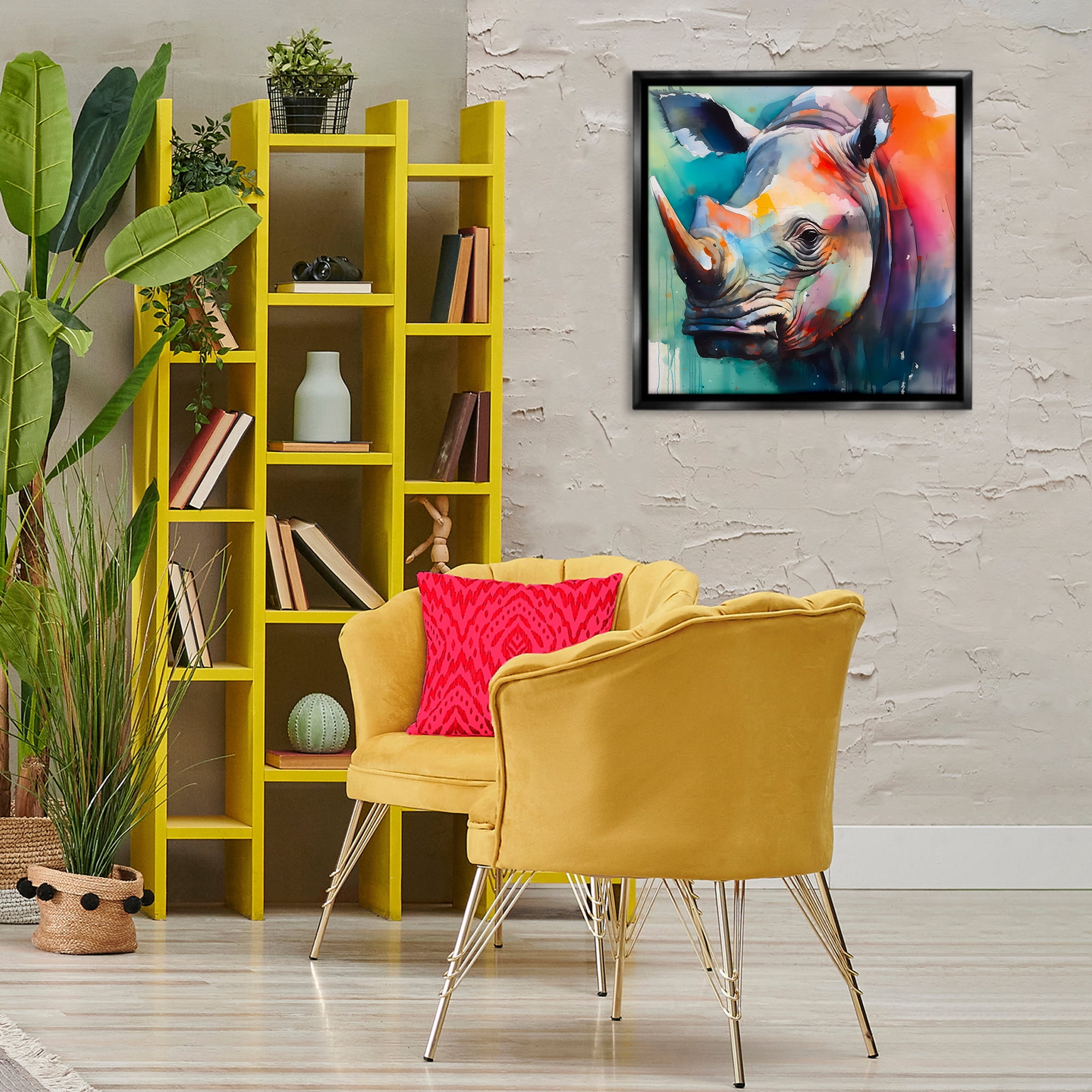 Stupell Industries Rhino with Modern Hues Animals & Insects Painting Black Floater Framed Canvas Art Print Wall Art, 25 x 25