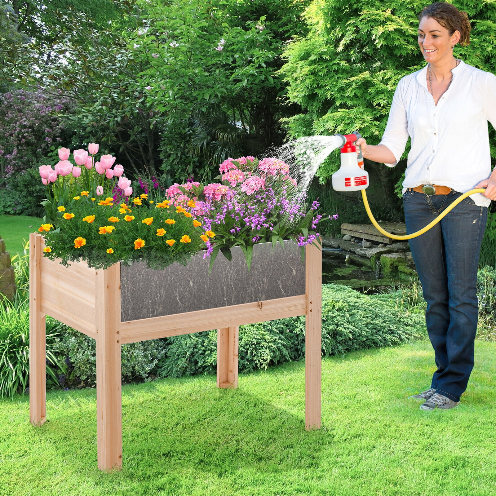Amijoy Raised Wooden Garden Bed With Legs, 24" Elevated Planter Box With 2 Acrylic Panel Sides, Plant Terrarium With Stand