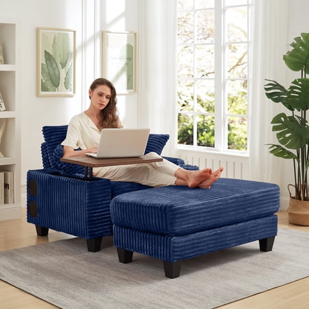 Aukfa Corduroy Chaise Lounge Chair with Ottoman, Hidden Rotating Table, Storage Armrest with Cup Holder, USB Port & Bluetooth Speaker, Blue