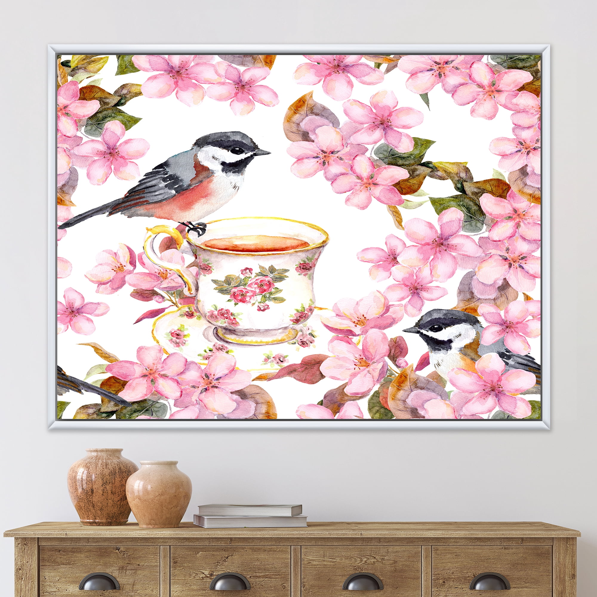 Tea Cup Birds and Pink Flowers 20 in x 12 in Framed Painting Canvas Art Print, by Designart