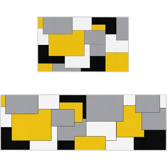 Yellow Abstract Art Gray Plaid Mid-Century Kitchen Rugs and Mats Set of 2 Kitchen Sink Mat,Non-Slip Area Runner Rug,Washable Floor Mat for Home Dining Room Office 18"x30"+18"x48"