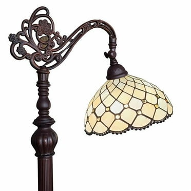 62 in. Traditional Shaped Floor Lamp with White Stained Glass Bowl Shade, Brown