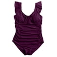 thumbnail image 5 of GEWSEY Women's Plus Size Bathing Suit One Piece Swim Dress Tummy Control Swimsuits Ruffle V Neck Swimwear Purple, XL, 5 of 6
