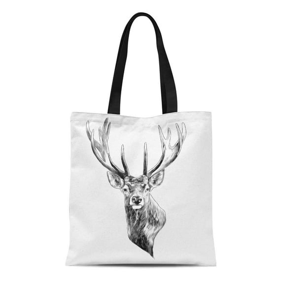 JSDART Canvas Tote Bag Stag Deer Head Sketch Graphics Monochrome Black and White Reusable Shoulder Grocery Shopping Bags Handbag