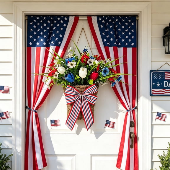 4th of July Artificial Floral Wreath Flower Basket - Outdoor Hanging Red White Blue Flower Basket Garden Wall Decor for Courtyard Patio Independence Day Holiday Porch Scene Prop