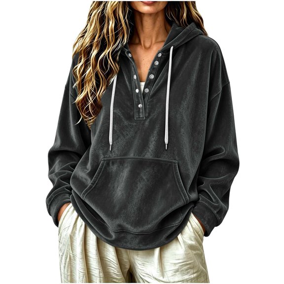 TFEOQRY Womens Velour Hoodie Sweatshirt with Kangaroo Pocket Button Henley Long Sleeve Loose Casual Fall Winter Top