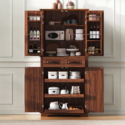 71 Inch Kitchen Pantry Cabinet, Farmhouse Kitchen Cupboard with Barn Doors and Large Drawer, Tall Storage Cabinet with Hanging and Adjustable Shelves for Dining Room, Bathroom, Living Room, Brown