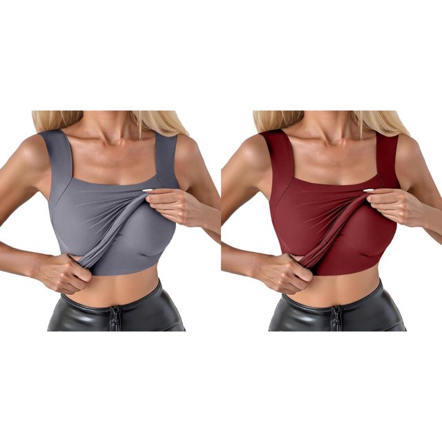 (2-Pack) Rinsvye Womens Seamless Compression Tank Top Slimming Square Neck Fitness Shirt Body Workout Top Wicking Sportswear